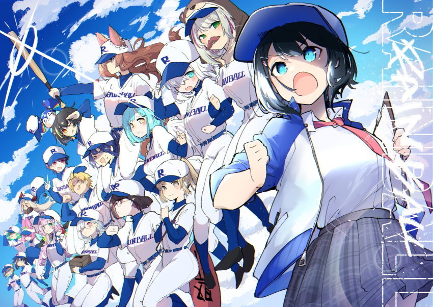 1other 3boys 6+girls alternate_costume animal_ears annotated ars_almal azuchi_momo bad_id bad_twitter_id baseball baseball_bat baseball_cap baseball_jersey baseball_uniform belt black_footwear black_hair blonde_hair blue_eyes blue_legwear blue_skirt box braid brown_hair clothes_writing cloud emma_august english_text facial_hair fox_ears fox_girl fox_tail fumi_(nijisanji) gaon_(nijisanji) glasses green_eyes green_hair gundou_mirei hat highres jersey jikkyou_powerful_pro_yakyuu kanai_608 kanda_shouichi kitakoji_hisui long_hair long_sleeves miyu_ottavia moira_(nijisanji) moustache multicolored_hair multiple_boys multiple_girls nagao_kei necktie nijisanji nijisanji_en nijisanji_id nijisanji_kr official_alternate_costume onomachi_haruka otter_costume pants paper petra_gurin pink_hair pink_necktie ponytail purple_hair red_eyes school_uniform seto_miyako shoes short_hair short_sleeves sister_claire skirt sky socks sorahoshi_kirame sportswear sukoya_kana sunlight sweater tail turtleneck twintails two-tone_hair uniform virtual_youtuber white_hair white_pants yang_nari yugamin_(nijisanji)