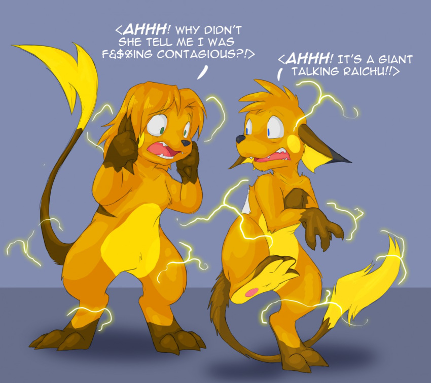 anthro dialogue duo electricity english_text generation_1_pokemon implied_transformation kyrio male nintendo nude pokemon pokemon_(species) raichu standing text transformation