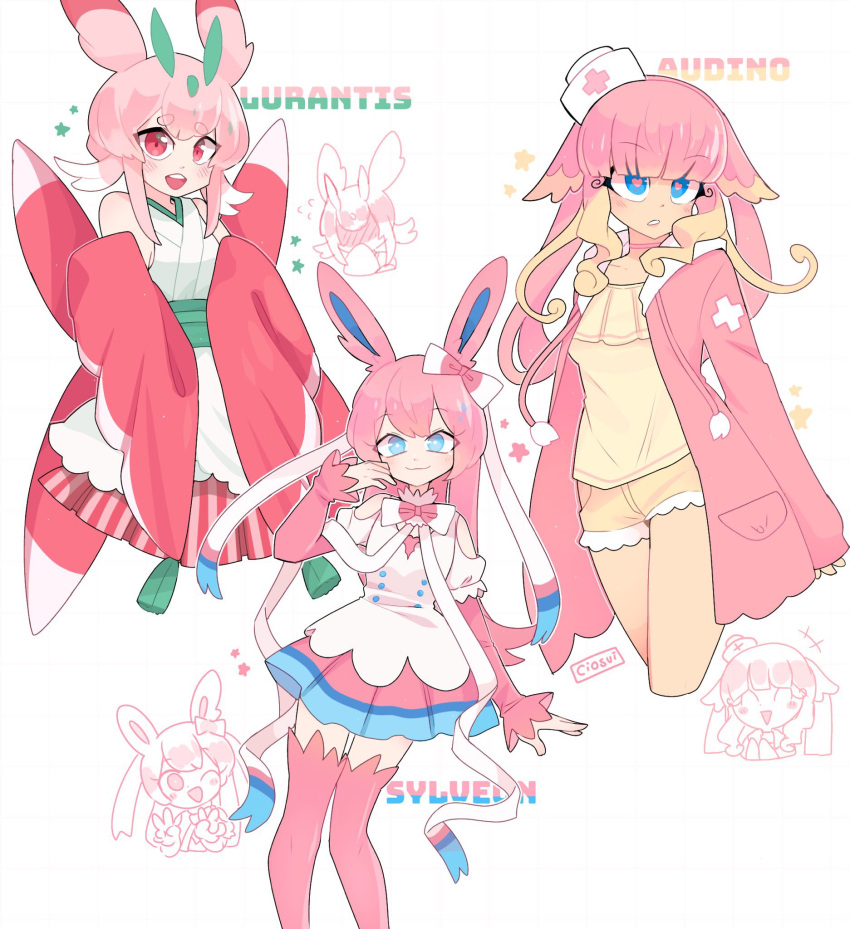 3girls audino blonde_hair blue_eyes blunt_bangs blush bright_pupils character_name ciosuii closed_mouth heart heart-shaped_pupils highres long_hair looking_at_viewer looking_down lurantis multicolored_hair multiple_girls open_mouth parted_lips personification pink_eyes pink_hair pink_legwear pokemon short_hair shorts smile sylveon symbol-shaped_pupils teeth thighhighs upper_teeth_only white_pupils