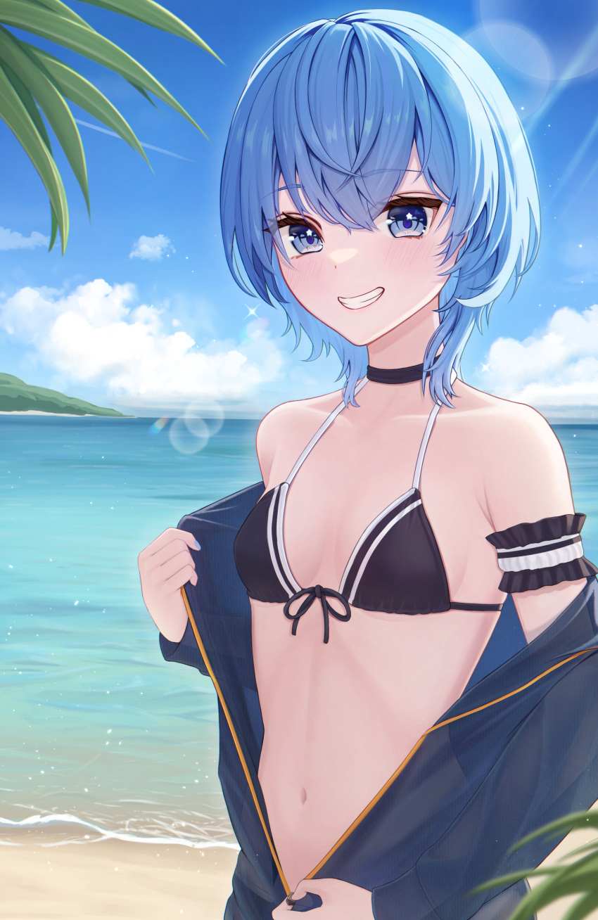 absurdres arm_garter bare_shoulders beach bikini black_bikini black_choker blue_eyes blue_hair blue_jacket blue_sky breasts choker cloud collarbone commentary_request day female grin highres hololive hoshimachi_suisei jacket kamota_(kamotadm) lens_flare looking_at_viewer md5_mismatch navel ocean open_clothes open_jacket outdoors resolution_mismatch short_hair sky small_breasts smile solo source_larger star_(symbol) star_in_eye stomach swimsuit symbol_in_eye teeth unzipping upper_body virtual_youtuber