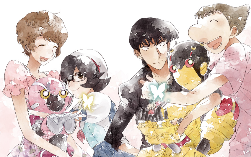 2boys 2girls :d a106 a107 absurdres atom:_the_beginning big_nose black-framed_eyewear black_hair blue_skirt brown_hair bug butterfly closed_eyes dress highres iyo_(kurumiwarin) long_sleeves multiple_boys multiple_girls ochanomizu_hiroshi ochanomizu_ran open_mouth pink_dress pink_shirt red_ribbon ribbon robot school_uniform shirt short_hair skirt smile t-shirt tenma_umatarou tsutsumi_motoko white_background