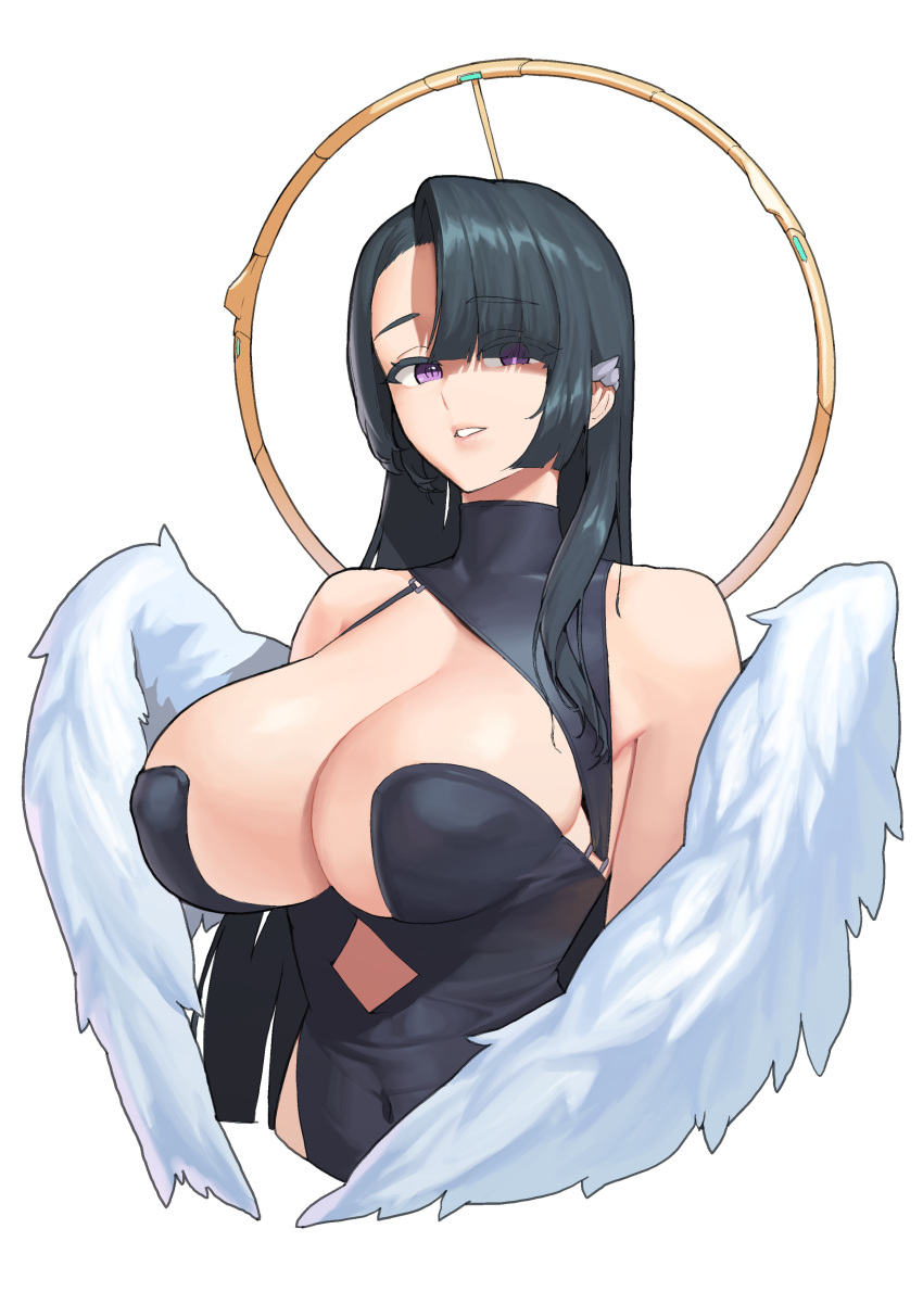 absurdres angel angel_wings asymmetrical_bangs azazel_(last_origin) black_hair breasts cleavage covered_navel cropped_torso feathered_wings female halo highres korean_commentary large_breasts last_origin looking_at_viewer monokini official_alternate_costume scemonkey sideboob simple_background solo sun_symbol swimsuit upper_body white_background white_wings wings