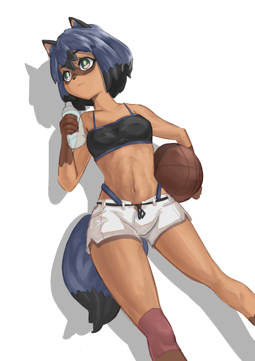 2020 absurd_res anthro ball basketball_(ball) blue_body blue_eyes blue_fur blue_hair bottle bottomwear brand_new_animal breasts brown_body brown_fur canid canine clothed clothing container cy9 female fingers fluffy fluffy_tail fur hair hi_res holding_object mammal michiru_kagemori multicolored_body multicolored_eyes multicolored_fur multicolored_hair navel pink_eyes portrait raccoon_dog shadow short_hair simple_background solo studio_trigger tail tanuki three-quarter_portrait topwear water_bottle white_background