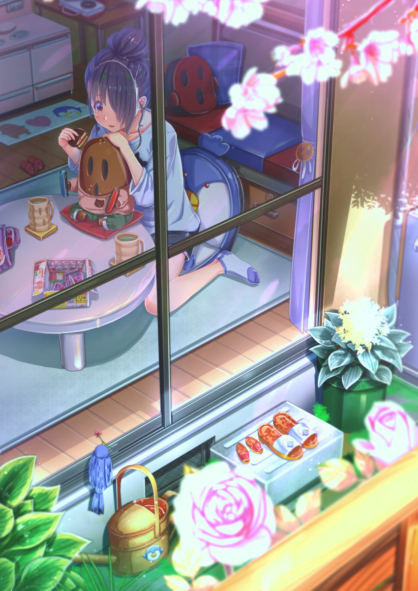 aiuabo ankle_socks bird black_hair blue_footwear blue_shirt bluebird cherry_blossoms coaster commentary_request cup curtains cushion day female flower food from_outside green_pants green_tea hair_bun hair_over_one_eye haniwa_(statue) highres holding holding_food indoors mug nintendo_switch original pants pink_flower pink_shirt plant potted_plant rug shirt shorts sidelocks single_hair_bun sitting slippers smile snack socks stove table tea unworn_slippers window wooden_floor