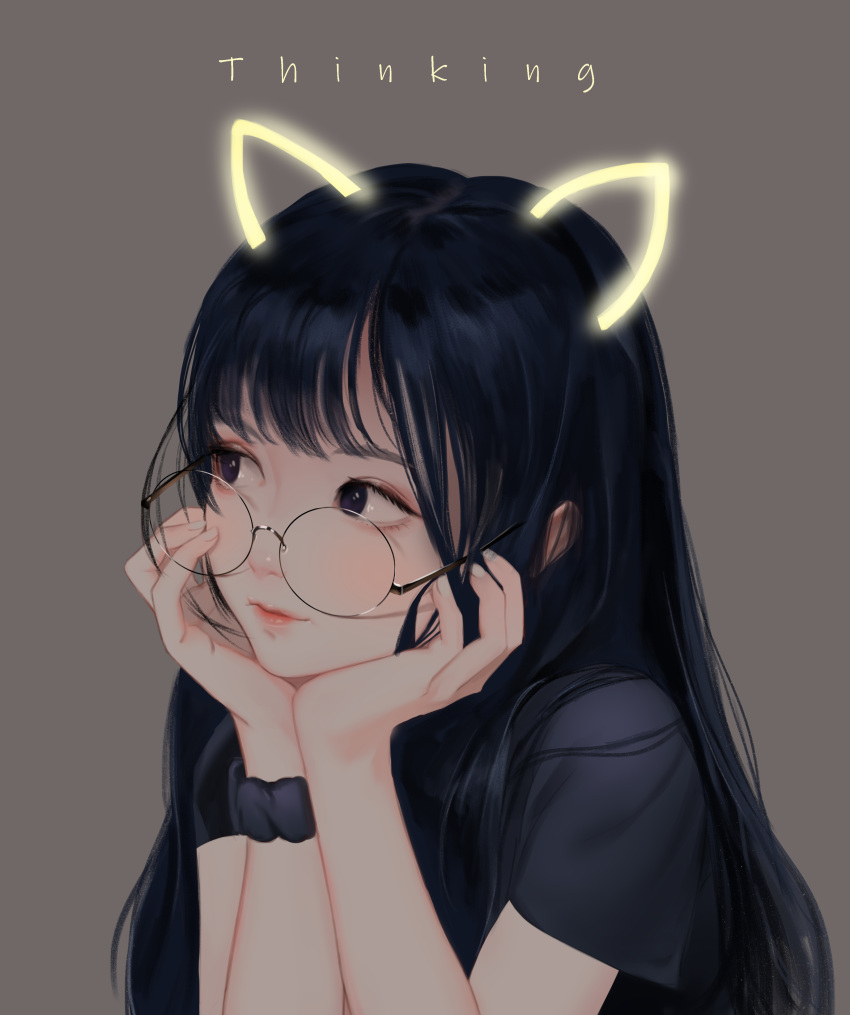 absurdres animal_ears bbul_horn bespectacled black_eyes black_hair blush cat_ears closed_mouth female glasses hand_on_own_cheek hand_on_own_chin hand_on_own_face head_rest highres long_hair looking_away original round_eyewear scrunchie solo