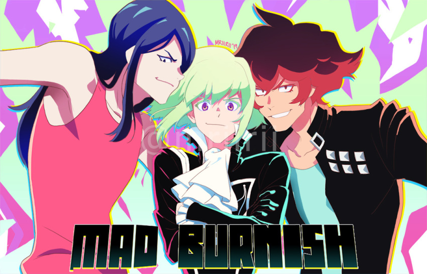 3boys artist_name black_gloves black_jacket blue_eyes blue_hair blue_shirt closed_mouth commentary crossed_arms dated english_commentary english_text gloves green_hair gueira jacket lio_fotia long_hair looking_at_viewer mad_burnish male_focus meis_(promare) mriirii multiple_boys promare purple_eyes red_eyes red_hair red_tank_top shirt short_hair signature smile tank_top watermark