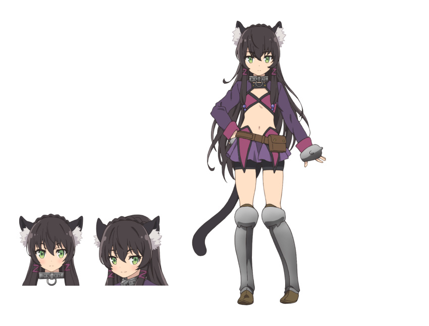 animal_ears black_hair boots cat_ears cat_tail female green_eyes highres isekai_maou_to_shoukan_shoujo_no_dorei_majutsu long_hair official_art rem_galeu tail thigh_boots thighhighs