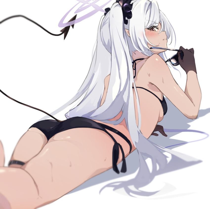 ass bikini black_bikini black_gloves blue_archive demon_tail eyewear_on_head female gloves hair_over_one_eye halo halterneck iori_(blue_archive) iori_(swimsuit)_(blue_archive) kneepits lying multi-strapped_bikini_bottom official_alternate_costume on_stomach pointy_ears side-tie_bikini_bottom string_bikini sunglasses suwakana swimsuit tail thigh_strap