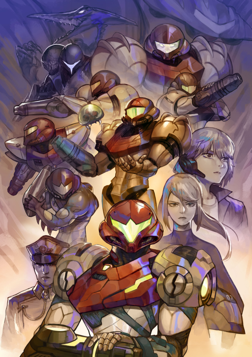 1boy 2girls 6+others absurdres adam_malkovich arm_cannon armor assault_visor blue_visor boridongja commentary dark_samus duplicate english_commentary fusion_suit glowing glowing_eyes green_visor grey_visor helmet highres long_hair looking_at_viewer metroid metroid_(creature) metroid_dread metroid_fusion metroid_prime military military_uniform monster multiple_girls multiple_others multiple_persona orange_visor pixel-perfect_duplicate ponytail power_armor power_suit_(metroid) ridley sa-x samus's_gunship samus_aran uniform varia_suit weapon white_visor yellow_visor zero_suit