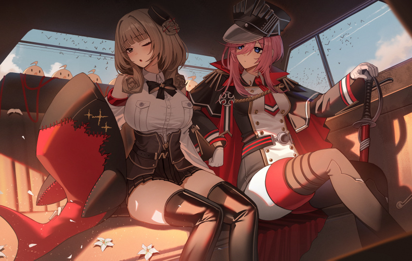 2girls absurdres azur_lane black_footwear black_headwear blue_eyes blush boots breasts brown_hair car_interior gloves hat highres jeze large_breasts long_sleeves looking_at_another luetzow_(azur_lane) manjuu_(azur_lane) multiple_girls necktie one_eye_closed open_mouth pants pink_hair red_necktie seydlitz_(azur_lane) sitting thigh_boots thighs white_gloves white_pants