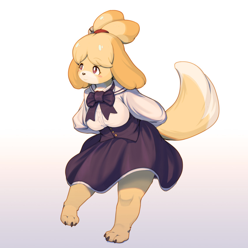 1:1 2020 3_toes animal_crossing anthro barefoot blonde_hair blush blush_stickers bow_tie breasts canid canine canis claws clothed clothing digital_media_(artwork) domestic_dog dress feet female female_anthro fur hair hi_res isabelle_(animal_crossing) mammal nintendo plantigrade shaded shih_tzu simple_background smile solo tail toe_claws toes toy_dog whooo-ya yellow_body yellow_fur yellow_tail