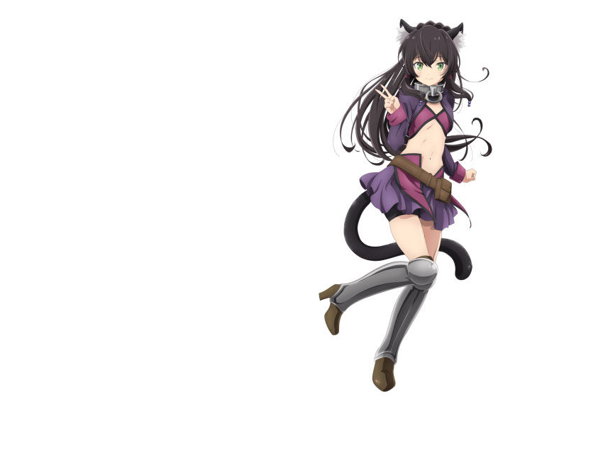 animal_ears black_hair boots cat_ears cat_tail female green_eyes highres isekai_maou_to_shoukan_shoujo_no_dorei_majutsu long_hair official_art rem_galeu solo tail thigh_boots thighhighs