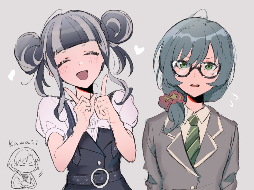 3girls alternate_hairstyle asahi_rokka bad_id bad_twitter_id bang_dream! belt black-framed_eyewear black_dress black_hair blue_hair blunt_bangs cardigan closed_eyes crossed_arms double_bun dress glasses green_eyes green_necktie grey_background grey_hair grey_jacket hair_bun hair_over_shoulder haneoka_school_uniform heart index_fingers_raised jacket long_hair long_sleeves looking_at_viewer low-tied_long_hair multicolored_hair multiple_girls necktie nyubara_reona open_mouth pinafore_dress red_scrunchie romaji_text sato_masuki school_uniform scrunchie shiontaso short_sleeves sidelocks simple_background sleeveless sleeveless_dress striped striped_necktie sweatdrop two-tone_hair upper_body white_dress