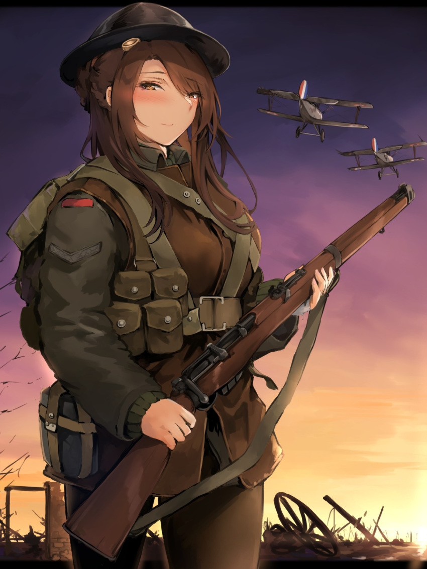 aircraft airplane biplane blush bolt_action british_army brown_eyes brown_hair commentary_request eyewear_on_head female girls'_frontline gun helmet highres lee-enfield lee-enfield_(girls'_frontline) long_hair looking_at_viewer military military_uniform monocle rifle smile solo sunset syotastar uniform united_kingdom weapon world_war_i