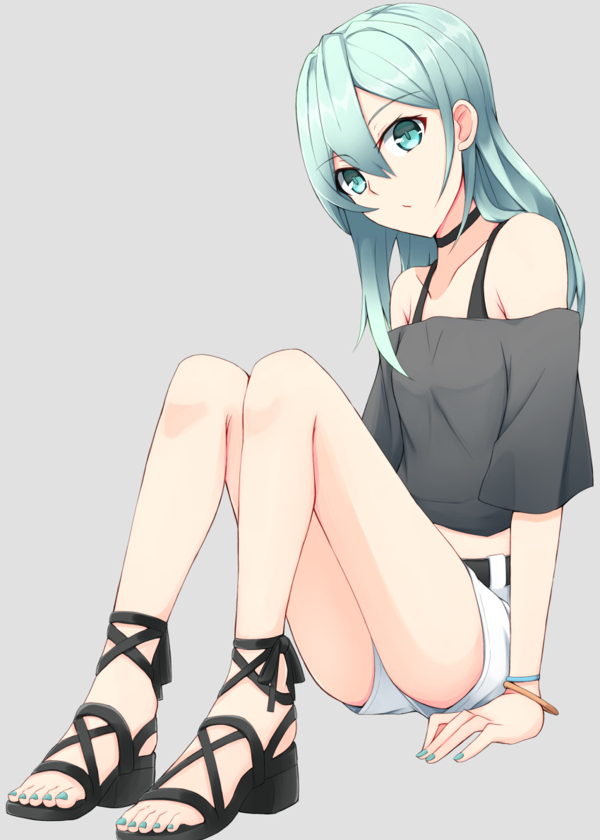 absurdres aqua_eyes aqua_hair aqua_nails belt black_belt black_choker black_footwear black_shirt choker feet female grey_background highres iwa_(kuzukiri) kuzukiri_(riezenagel) light_frown long_hair looking_at_viewer midriff nail_polish original sandals shirt shirt_straps short_shorts short_sleeves shorts simple_background sitting solo toenail_polish toenails toes white_shorts