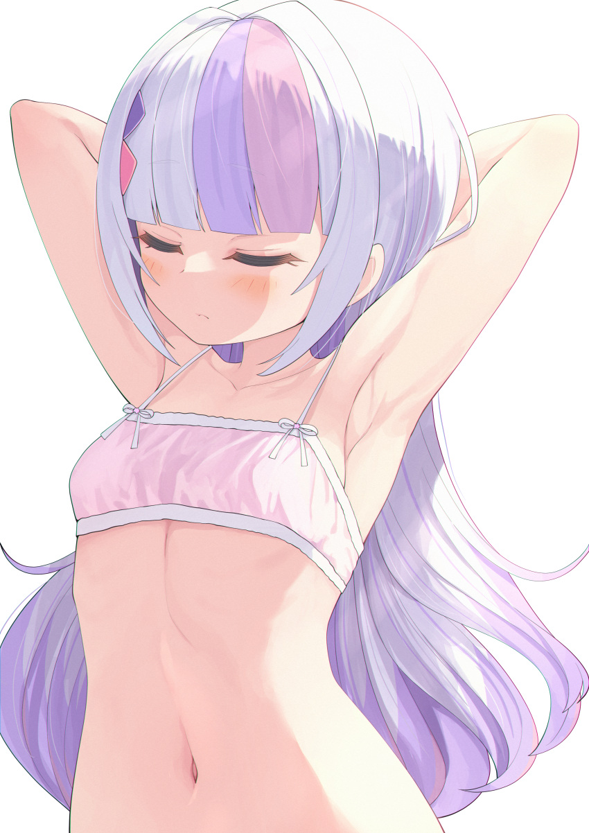 absurdres armpits arms_behind_head arms_up bare_shoulders blunt_bangs blush bra breasts closed_eyes closed_mouth collarbone commentary_request eyelashes female gradient_hair grey_hair hair_ornament highres hololive kage_(ka_9e_4su) long_hair multicolored_hair murasaki_shion murasaki_shion_(magical_girl_maid) navel pink_bra purple_hair shadow shiny_skin sidelocks simple_background small_breasts solo stomach streaked_hair underwear upper_body virtual_youtuber white_background