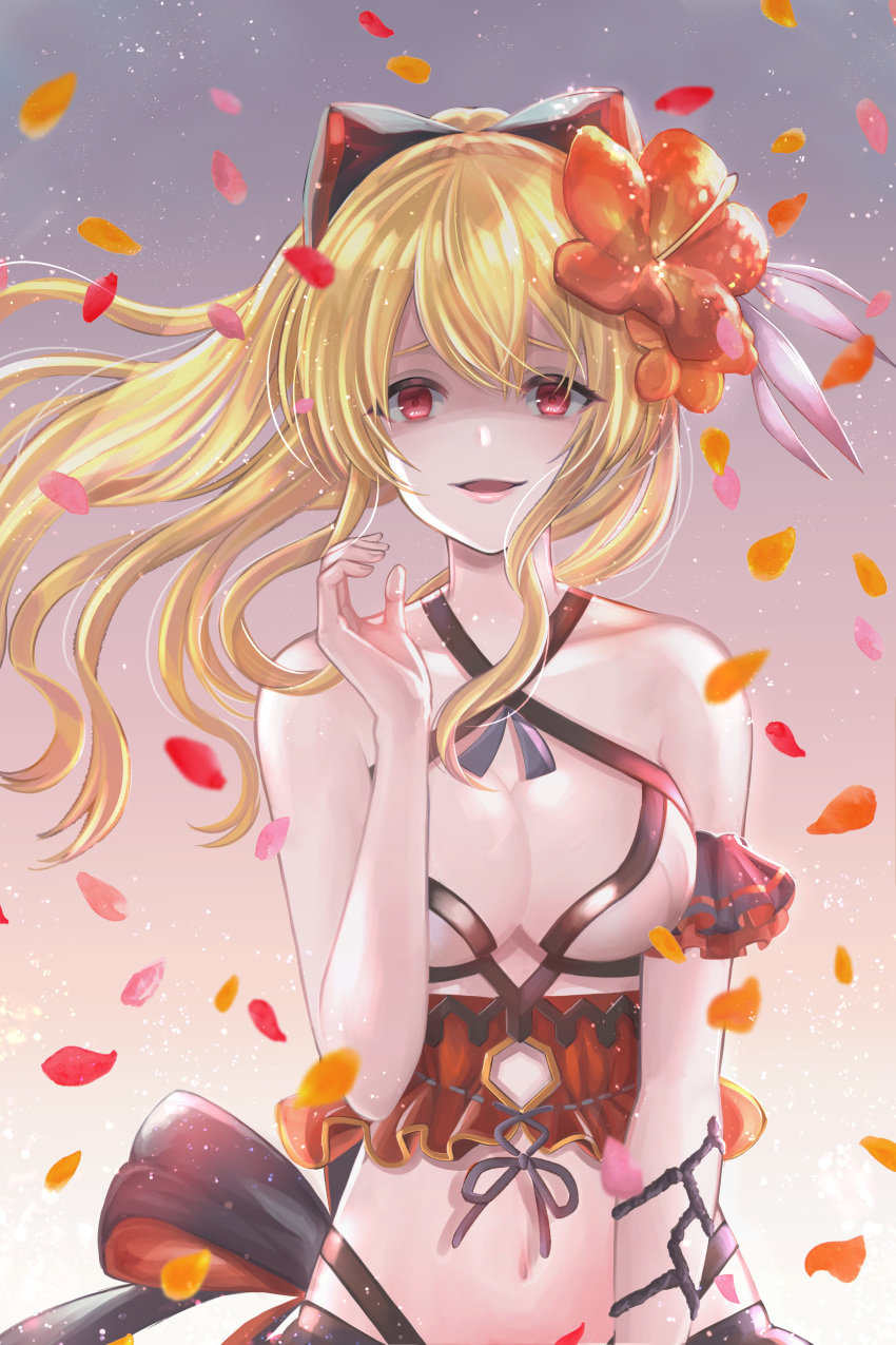 absurdres bare_shoulders bikini black_bow blonde_hair bow breasts cleavage collarbone female flower granblue_fantasy hair_flower hair_ornament hairbow highres large_breasts long_hair looking_at_viewer navel official_alternate_costume petals ponytail red_eyes shaded_face smile solo swimsuit takanishi_takashi upper_body vira_(granblue_fantasy) vira_(summer)_(granblue_fantasy) white_bikini