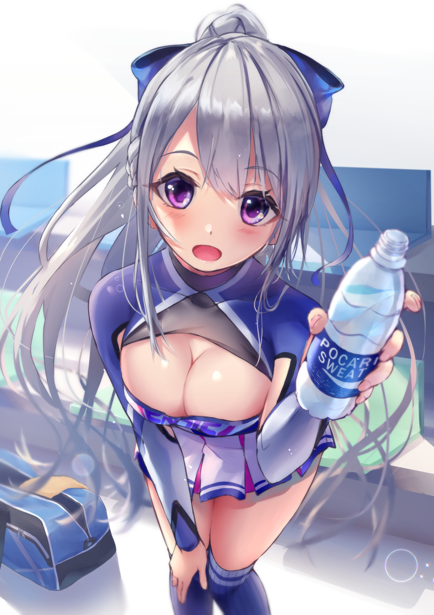 200f_(nifu) absurdres arm_on_knee armpit_cutout azur_lane bag blue_thighhighs bottle braid breasts casablanca_(azur_lane) casablanca_(cheer_squad_on_break)_(azur_lane) cheerleader cleavage cleavage_cutout clothing_cutout commentary_request female full_body grey_hair grey_leotard high_ponytail highres large_breasts leaning_forward leotard leotard_under_clothes long_hair multicolored_clothes multicolored_skirt official_alternate_costume open_mouth outdoors pleated_skirt purple_eyes ribbed_legwear shiny_skin side_braid skirt socks tennis_court thighhighs towel two-tone_skirt water_bottle