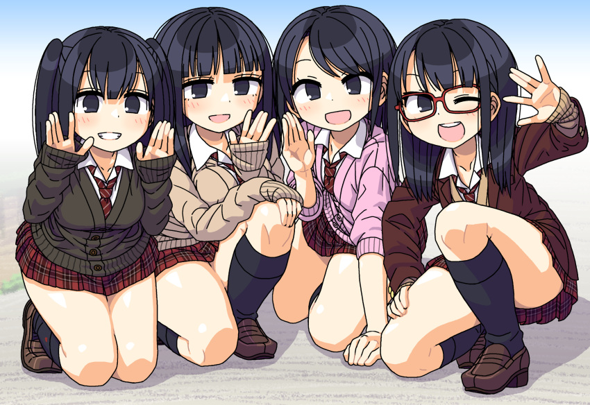 4girls :d black_eyes black_hair black_legwear blazer cardigan glasses grin group_picture highres jacket kneehighs kneeling loafers long_hair looking_at_viewer maruput medium_hair multiple_girls necktie on_one_knee one_eye_closed open_mouth original plaid plaid_skirt pleated_skirt red-framed_eyewear school_uniform shoes skirt sleeves_past_wrists smile socks twintails