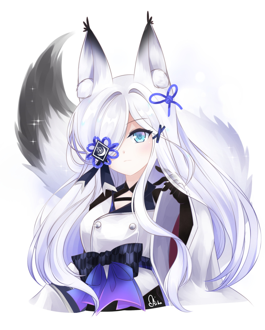 absurdres animal_ear_fluff animal_ears azur_lane blue_eyes female fox fox_ears fox_girl fox_tail hair_over_one_eye highres japanese_clothes kasumi_(azur_lane) kasumi_(retrofit)_(azur_lane) kimono kitsune long_hair rika_ryne solo tail white_hair white_kimono