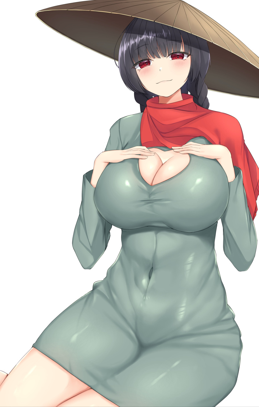 absurdres black_hair blunt_bangs blush braid breasts cleavage cleavage_cutout closed_mouth clothing_cutout commentary_request cookie_(touhou) covered_navel dress feet_out_of_frame female green_dress green_tea_(cookie) hat highres ikikiksgiksg impossible_clothes impossible_dress large_breasts long_hair looking_at_viewer red_eyes red_scarf rice_hat scarf simple_background smile solo touhou twin_braids white_background yatadera_narumi