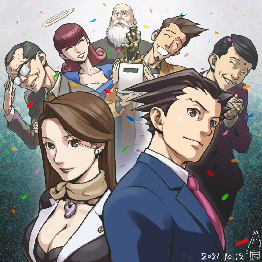 2girls 5boys asymmetrical_bangs bald beard black_hair blue_jacket breasts brown_eyes brown_hair cindy_stone cleavage collared_shirt confetti dated facial_hair frank_sahwit glasses grey_jacket gyakuten_saiban halo highres iwamoto_tatsurou jacket jewelry large_breasts larry_butz long_hair long_sleeves looking_at_viewer magatama magatama_necklace mia_fey mole mole_under_mouth moustache multiple_boys multiple_girls naruhodou_ryuuichi necklace necktie old old_man open_mouth phoenix_wright:_ace_attorney pink_jacket pink_necktie scarf shirt short_hair smile spiked_hair statue the_judge_(ace_attorney) the_thinker white_shirt winston_payne yellow_scarf