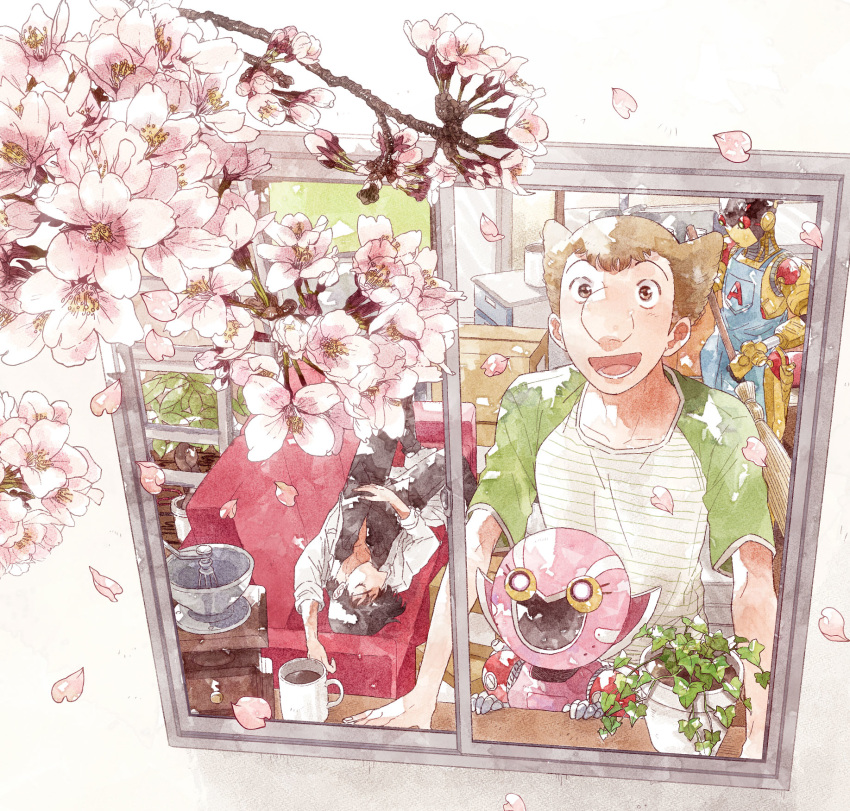 2boys :d a106 a107 apron atom:_the_beginning big_nose broom brown_hair cherry_blossoms commentary couch cup day highres iyo_(kurumiwarin) looking_outside male_focus mug multiple_boys ochanomizu_hiroshi on_couch open_mouth plant potted_plant robot shirt sleeping smile symbol-only_commentary t-shirt tenma_umatarou window