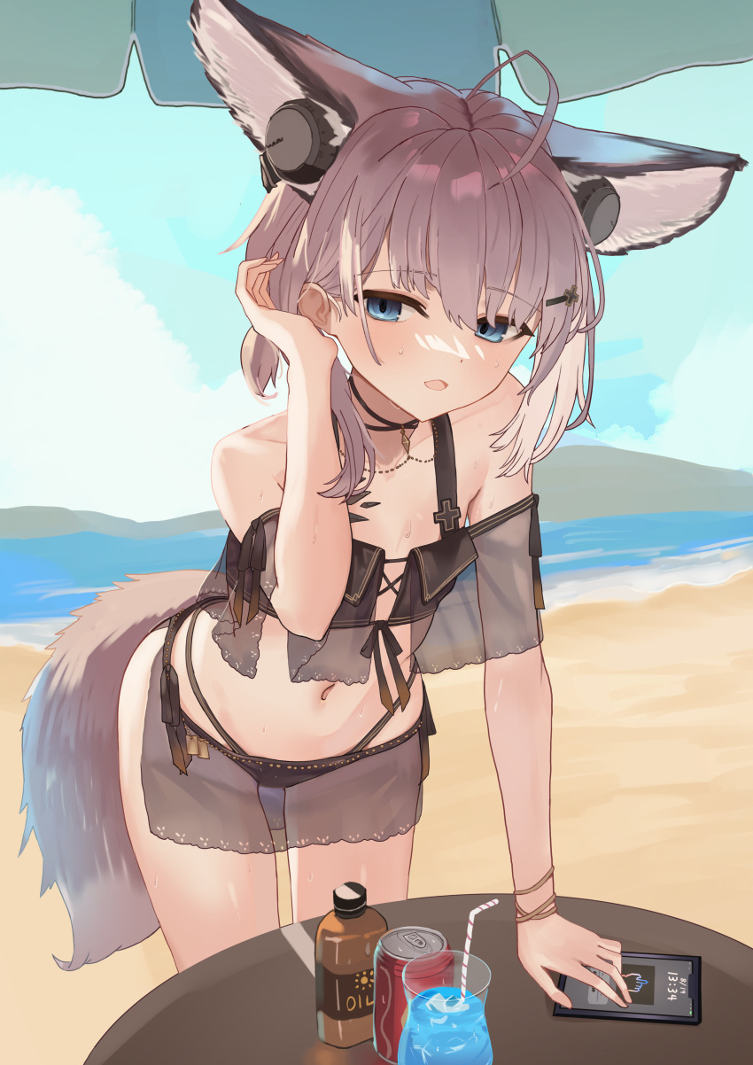 absurdres adjusting_hair ahoge animal_ear_fluff animal_ears arknights beach bikini extra_ears female flat_chest fox_ears fox_girl fox_tail hair_ornament hairclip headphones_for_animal_ears highres leaning_forward material_growth off-shoulder_bikini off_shoulder official_alternate_costume oripathy_lesion_(arknights) pink_hair see-through short_twintails sussurro_(arknights) sussurro_(summer_flower)_(arknights) suzubotan swimsuit tail twintails