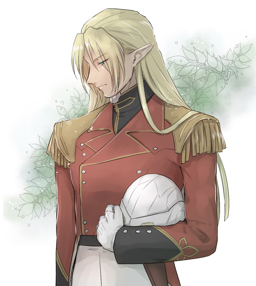 1boy blonde_hair blue_eyes epaulettes eyes_visible_through_hair gloves gundam gundam_wing helmet highres holding holding_helmet itou_katsumi jacket leaf long_hair long_sleeves male_focus military military_uniform pointy_ears red_jacket solo uniform white_gloves zechs_merquise