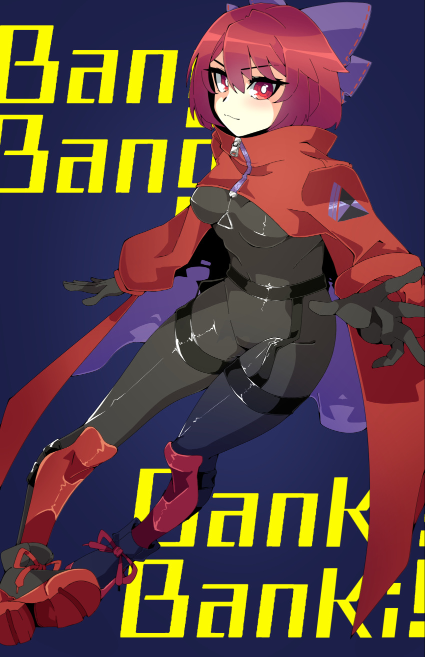 adapted_costume akatsuki_records black_bodysuit bodysuit bow breasts bright_pupils cloak closed_mouth commentary english_commentary english_text female full_body hair_between_eyes hairbow highres joeboto looking_at_viewer purple_bow red_eyes red_hair rock_'n'_rock_'n'_beat sekibanki short_hair solo touhou white_pupils