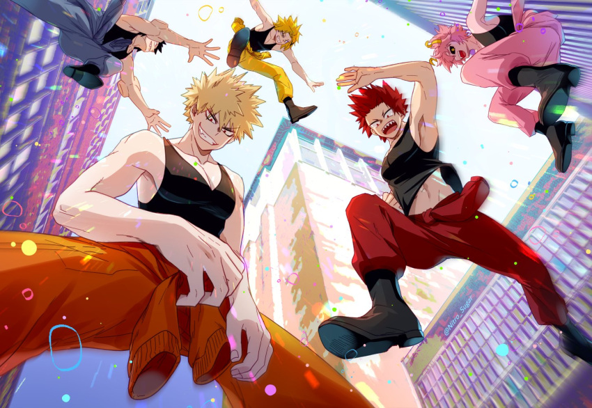 4boys ashido_mina bakugou_katsuki black_sclera black_tank_top blonde_hair blush boku_no_hero_academia colored_sclera colored_skin female freckles horns kaminari_denki kirishima_eijirou looking_at_viewer male_focus multiple_boys open_mouth pants pectoral_cleavage pectorals pink_hair pink_skin red_eyes red_hair seoltang_(nitro_sugar) sero_hanta sharp_teeth short_hair simple_background smile spiked_hair tank_top teeth tower unitard yellow_eyes