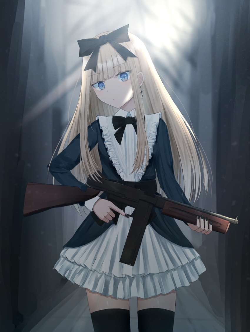 black_nails black_ribbon blonde_hair blue_eyes blunt_bangs bow cross cross_earrings dress earrings female frilled_dress frills gun hairbow highres holding holding_gun holding_weapon iris37337 jewelry long_hair original ribbon single_earring solo submachine_gun thighhighs thompson_submachine_gun very_long_hair weapon zettai_ryouiki