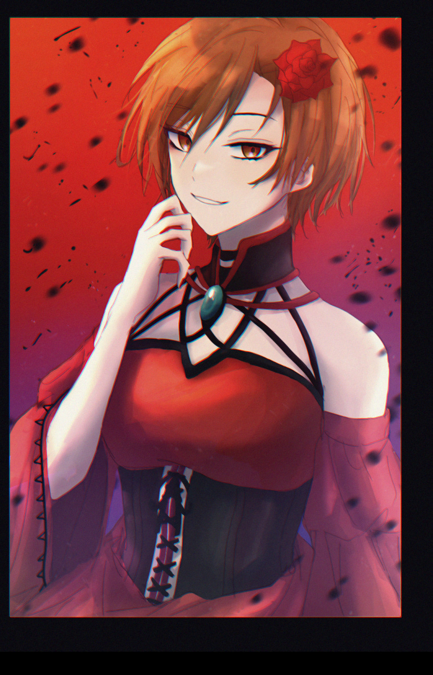 akujiki_musume_conchita_(vocaloid) bad_id bad_pixiv_id banica_conchita bare_shoulders black_border border brown_eyes brown_hair commentary corset detached_sleeves dress evillious_nendaiki female flower grin hair_flower hair_ornament hand_up highres looking_at_viewer meiko_(vocaloid) peng_vmd red_background red_dress red_sleeves rose smile solo vocaloid