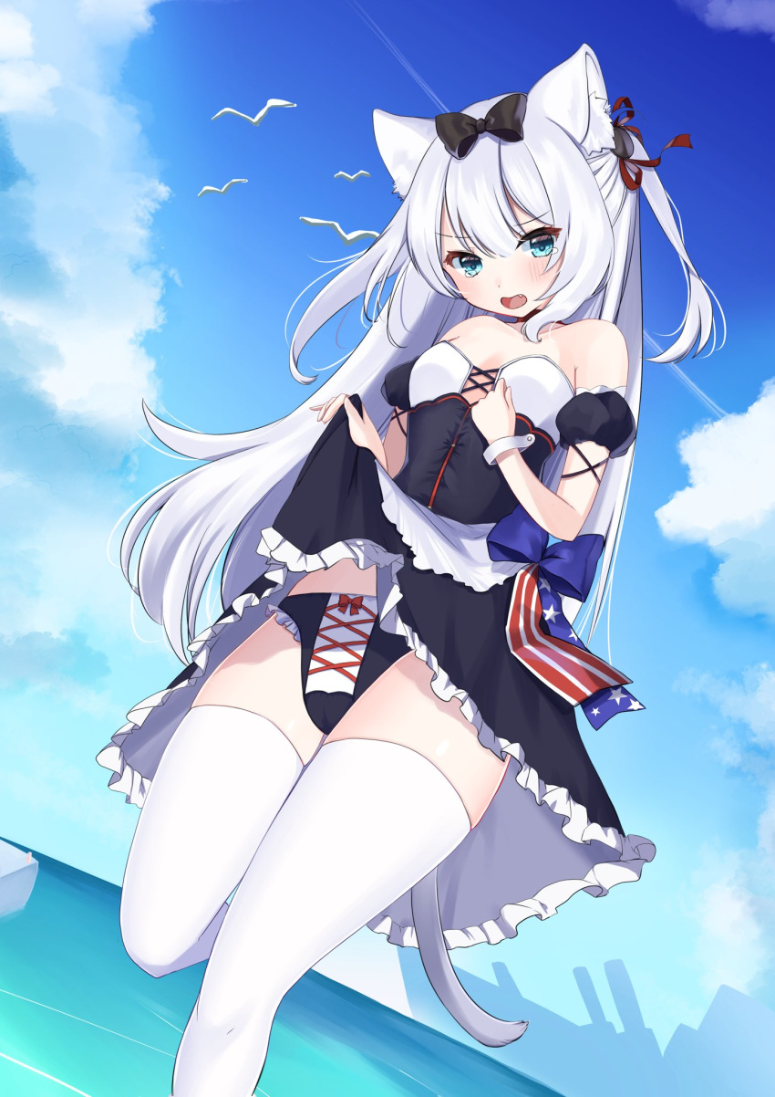 animal_ears azur_lane bad_anatomy bare_shoulders bird black_bow black_dress black_skirt blue_eyes blue_sky bow bow_panties breasts cat_ears cat_tail chan'nu cleavage cloud commentary cross-laced_clothes cross-laced_panties day detached_sleeves dress dutch_angle feet_out_of_frame female frilled_panties frilled_skirt frills hairbow hammann_(azur_lane) highres long_hair looking_at_viewer ocean oerba_yun_fang open_mouth outdoors panties pantyshot puffy_short_sleeves puffy_sleeves seagull short_sleeves sidelocks skirt sky small_breasts solo standing standing_on_one_leg tail tearing_up thighhighs two_side_up underwear water white_hair white_thighhighs wrist_cuffs