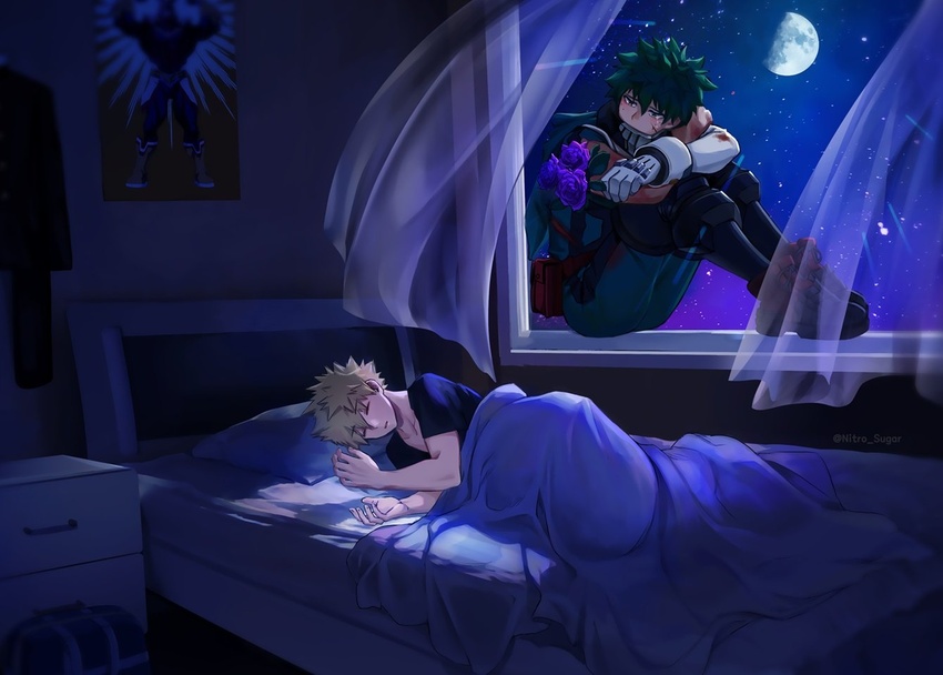 2boys all_might bakugou_katsuki bed black_shirt blanket blonde_hair blush bodysuit boku_no_hero_academia closed_eyes curtains freckles gloves green_bodysuit green_eyes green_hair hood hooded_bodysuit korean_commentary locker looking_at_viewer male_focus midoriya_izuku moon multiple_boys night pillow poster_(object) seoltang_(nitro_sugar) shirt short_hair sleeping spiked_hair tears twitter_username white_gloves