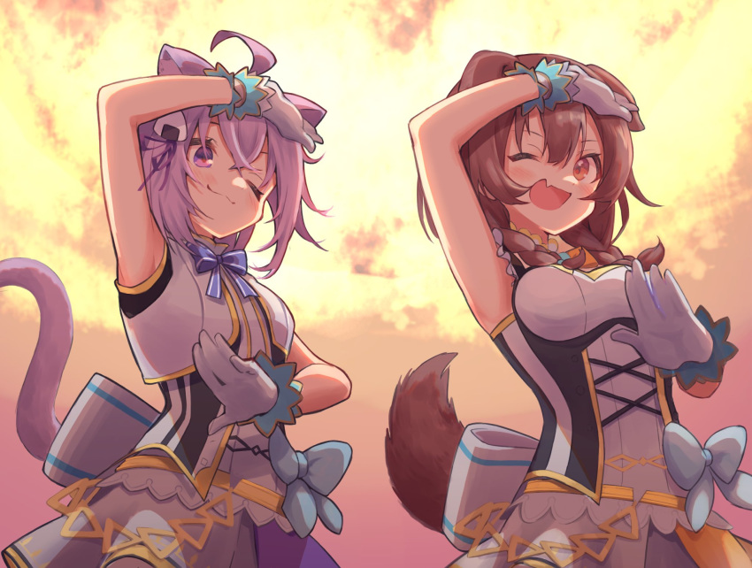 2girls ahoge alternate_costume animal_ears bad_id bad_twitter_id belt belt_chain blue_bow bow bowtie braid breasts brown_eyes brown_hair cat_ears cat_tail corset cowboy_shot cropped_jacket dog_ears dog_tail fire food gloves hand_to_forehead highres hololive hololive_idol_uniform idol_clothes inugami_korone jacket looking_at_viewer low_twintails medium_breasts multiple_girls music nekomata_okayu oerba_yun_fang official_alternate_costume one_eye_closed onigiri open_mouth purple_eyes purple_hair singing skirt small_breasts tail tamasa_yamoto triangle_chain twin_braids twintails virtual_youtuber white_gloves white_jacket wrist_cuffs