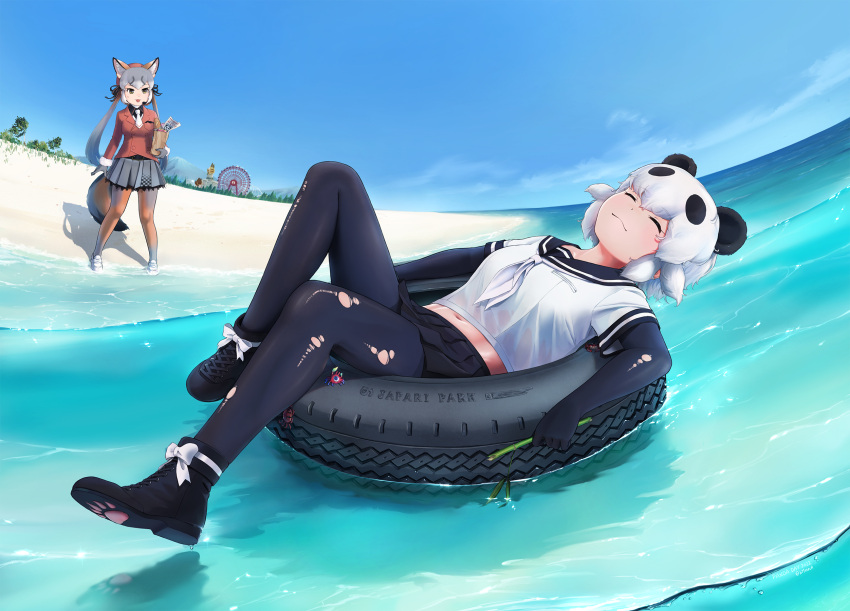 2girls afloat animal_ears arm_at_side arm_rest bamboo beach bear_ears beleven black_gloves black_hair black_pantyhose closed_eyes closed_mouth commission day elbow_gloves extra_ears fisheye fox_ears fox_girl fox_tail full_body fur-trimmed_sleeves fur_trim giant_panda_(kemono_friends) gloves grey_hair hat headset highres holding horizon island_fox_(kemono_friends) jacket kemono_friends kemono_friends_v_project knee_up legs_apart long_hair long_sleeves looking_at_another lying medium_hair midriff_peek miniskirt multicolored_hair multiple_girls navel necktie ocean on_back orange_jacket outdoors paid_reward_available panda_ears pantyhose paw_shoes sailor_collar sand school_uniform serafuku shirt shoe_soles shoes short_sleeves skirt sleeping smile solo_focus standing stomach tail torn_clothes torn_gloves torn_pantyhose twintails two-tone_hair very_long_hair virtual_youtuber water white_hair white_necktie