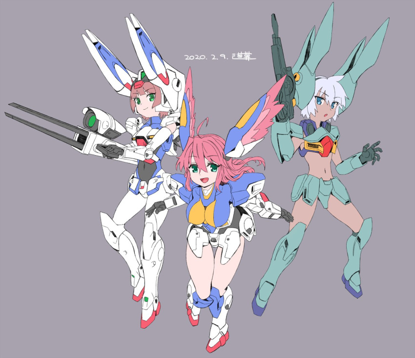 3girls ahoge aqua_eyes blue_eyes breasts brown_hair covered_navel covered_nipples energy_wings floating green_eyes grey_background gun gun_blastor gundam head_wings highres holding holding_gun holding_weapon large_breasts long_hair looking_at_viewer mecha_musume michi_kuso multiple_girls navel open_hand open_mouth pink_hair short_hair skin_tight v-shaped_eyebrows v2_gundam v_gundam victory_gundam weapon white_hair wings