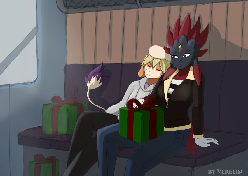 anthro breasts christmas clothed clothing duo female generation_2_pokemon generation_4_pokemon hi_res holidays inside_train leo_(velociripper) male nintendo pokemon pokemon_(species) sleeping smeargle thebes_(velociripper) train vehicle verelin weavile