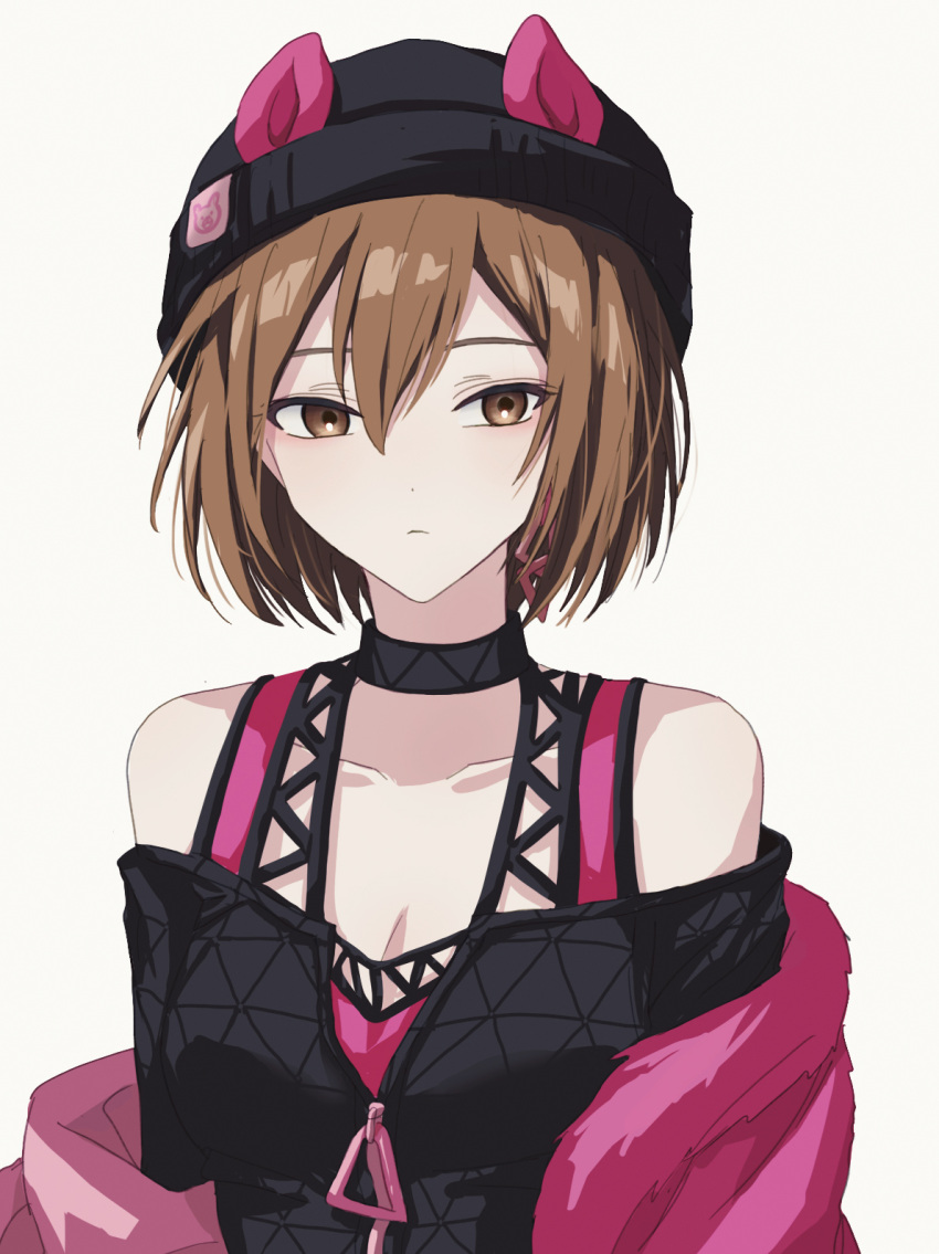 animal_ear_headwear animal_ears bad_id bad_pixiv_id bare_shoulders beanie black_hat brown_eyes brown_hair choker collarbone commentary expressionless fake_animal_ears female hamster_ears hamster_girl hat highres jacket jacket_partially_removed meiko_(vocaloid) off-shoulder_shirt off_shoulder peng_vmd project_sekai shirt short_hair sleeveless solo symbol-only_commentary upper_body vivid_bad_squad_(project_sekai) vivid_bad_squad_meiko vocaloid white_background