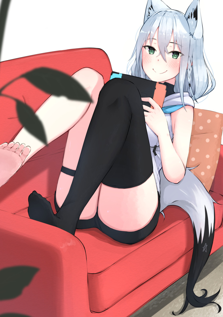 animal_ear_fluff animal_ears black_shorts black_thighhighs blush braid commentary_request controller couch female fox_ears fox_girl fox_tail game_controller green_eyes hair_between_eyes highres holding holding_controller holding_game_controller hololive hood hoodie knees_up long_hair looking_at_viewer nemurimangetsu nintendo_switch pentagram pillow shirakami_fubuki shirakami_fubuki_(1st_costume) short_shorts shorts sidelocks single_braid single_thighhigh sitting sleeveless smile solo tail thigh_strap thighhighs virtual_youtuber white_hair white_hoodie