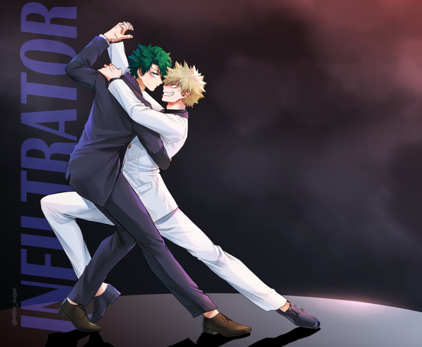 2boys bakugou_katsuki blonde_hair blush boku_no_hero_academia commentary formal freckles green_eyes green_hair highres looking_at_viewer male_focus midoriya_izuku multiple_boys open_mouth red_eyes seoltang_(nitro_sugar) shirt short_hair simple_background smile spiked_hair suit symbol-only_commentary teeth white_shirt