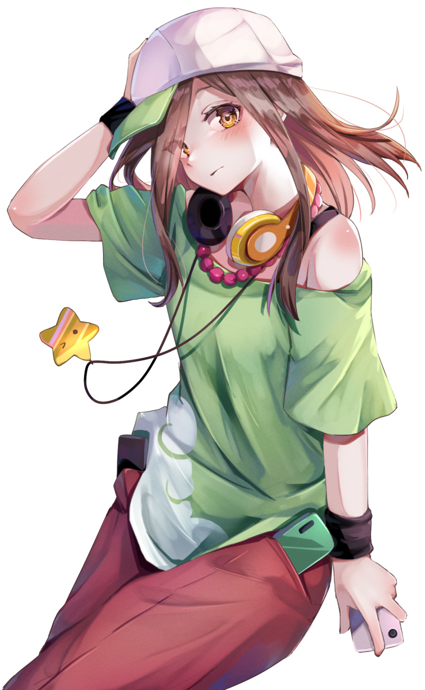 adjusting_clothes adjusting_headwear arm_at_side bare_shoulders baseball_cap beads black_wristband blush bra_strap brown_eyes brown_hair cellphone closed_mouth cloud_print commentary female gaen_izuko green_hat green_shirt hair_over_one_eye hand_on_headwear hat headphones headphones_around_neck highres holding holding_phone in_pocket jewelry long_hair looking_at_viewer loose_hair_strand monogatari_(series) necklace off-shoulder_shirt off_shoulder pants pendant phone prayer_beads red_pants shirt short_sleeves sideways_hat simple_background sitting smartphone solo star_(symbol) t-shirt white_background white_hat wristband yuunamida_uyu