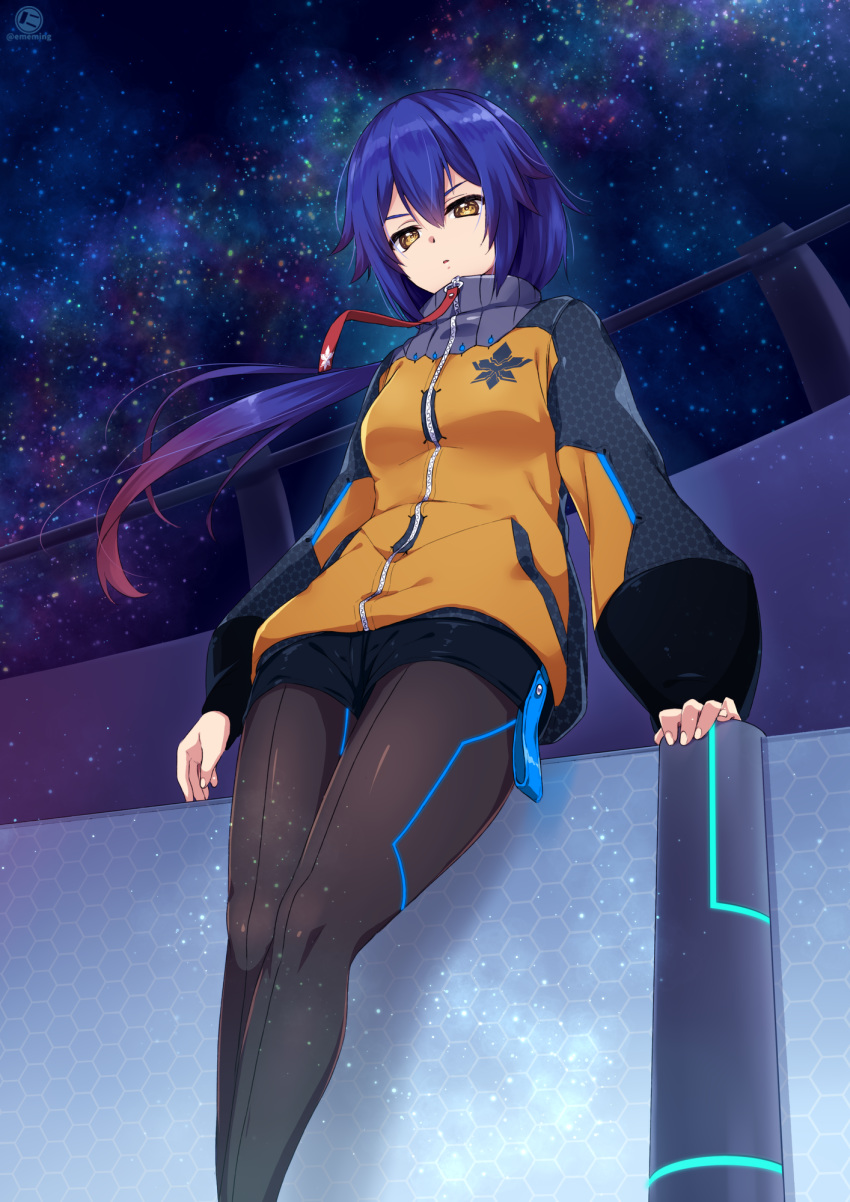 bad_id bad_pixiv_id black_pantyhose black_shorts black_sleeves blue_hair closed_mouth female from_below hair_between_eyes highres leaning_back long_sleeves night night_sky nyanmaru_(ememing) orange_sweater outdoors pantyhose pantyhose_under_shorts phantasy_star phantasy_star_online_2 quna_(pso2) shiny_clothes shiny_legwear short_shorts shorts sky solo star_(sky) starry_sky sweater yellow_eyes