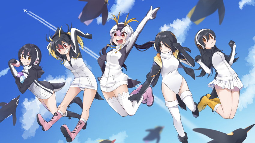 5girls bird black_footwear black_hair black_hoodie blonde_hair boots commentary_request drawstring eating emperor_penguin_(kemono_friends) everyone food gentoo_penguin_(kemono_friends) grape-kun hair_between_eyes hair_over_one_eye headphones highres hood hood_down hoodie humboldt_penguin_(kemono_friends) isobee japari_bun kemono_friends kirara_jump long_hair long_sleeves midair multicolored_hair multiple_girls one-piece_swimsuit open_clothes open_hoodie orange_hair outdoors penguin penguins_performance_project_(kemono_friends) pink_footwear pink_hair purple_hair red_eyes red_hair rockhopper_penguin_(kemono_friends) royal_penguin_(kemono_friends) short_hair swimsuit thighhighs twintails two-tone_hoodie white_hair white_hoodie white_legwear white_one-piece_swimsuit yellow_footwear zettai_ryouiki