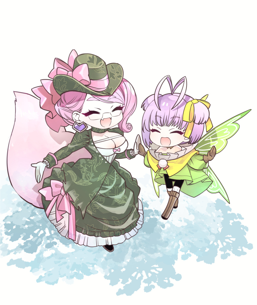 2girls antenna_hair bare_shoulders black_shorts blush boots bow breasts brown_footwear brown_gloves cleavage closed_eyes detached_collar dress earrings fairy fairy_wings fate/grand_order fate_(series) fox_tail glasses gloves green_dress green_headwear hair_ribbon hat highres jewelry koyanskaya_(british_lostbelt_outfit)_(fate) koyanskaya_(fate) large_breasts long_hair long_sleeves multiple_girls murian_(fate) open_mouth pink_bow pink_hair purple_hair ribbon short_hair shorts small_breasts smile suzukimadaka tail tamamo_(fate) thigh_boots thighhighs wings yellow_ribbon