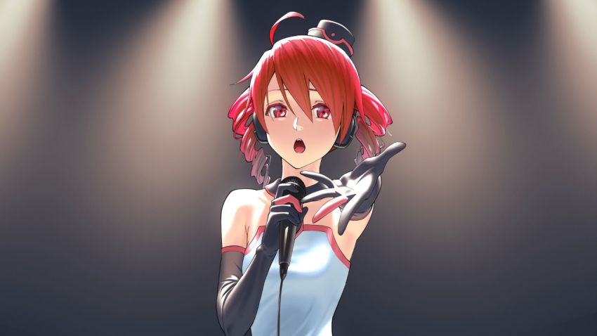 ahoge backlighting bad_id bad_pixiv_id bare_shoulders black_collar black_gloves black_hat cable collar commentary detached_collar dress drill_hair elbow_gloves female gloves hat headphones holding holding_microphone kasane_teto microphone mini_hat music open_mouth reaching reaching_towards_viewer red_eyes red_hair singing solo spotlight strapless tetofes twin_drills upper_body utau white_dress yasutange