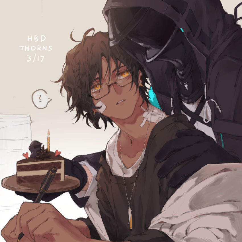 1boy 1other ? arknights bandaid bandaid_on_cheek bandaid_on_face bandaid_on_neck bespectacled birthday birthday_cake bishounen black_gloves cake dark-skinned_male dark_skin doctor_(arknights) ear_piercing english_commentary english_text food glasses gloves happy_birthday highres holding holding_pen hood hood_up jewelry long_sleeves male_focus manjyufroth necklace orange_eyes parted_lips pen piercing plate spoken_question_mark thorns_(arknights) upper_body