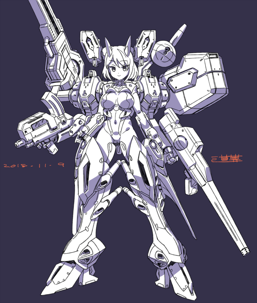 armored_core artist_name breasts commentary covered_nipples dated dendrobium_schema dual_wielding female grey_background grey_eyes gun highres holding holding_gun holding_weapon large_breasts looking_at_viewer mecha_musume mecha_request medium_hair michi_kuso personification signature solo weapon white_hair