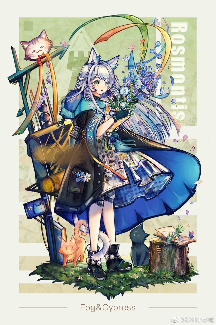 animal_ear_fluff animal_ears arknights bad_source blue_hair book boots bouquet cat_ears cat_tail coat dress feline female flower flower_in_pocket full_body grass green_eyes headpiece highres holding holding_bouquet mizupein open_book pocket rhodes_island_logo_(arknights) rosmontis_(arknights) see-through see-through_dress signpost simple_background standing tail tail_around_own_leg tree_stump white_hair